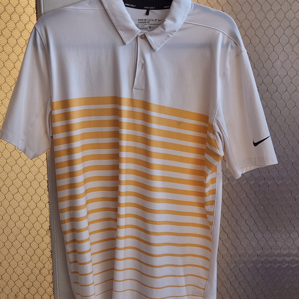 Nike White and Yellow Striped Polo Shirt